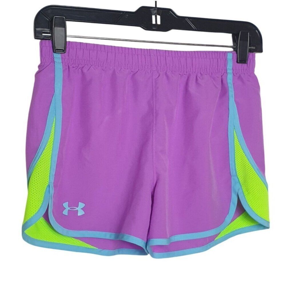 Under Armour Youth Girls Large Loose Fit HeatGear Shorts Purple/Blue/Neon Green